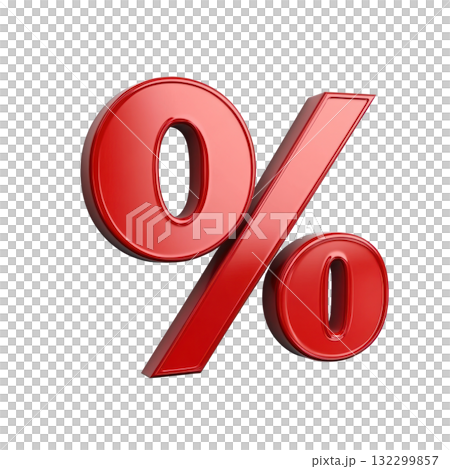 Bold red percentage symbol displayed in isolated format, emphasizing numerical data or discounts in promotions 132299857