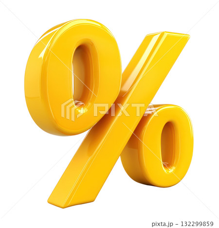 Bold yellow percentage symbol emphasizing discounts or savings in a promotional context 132299859