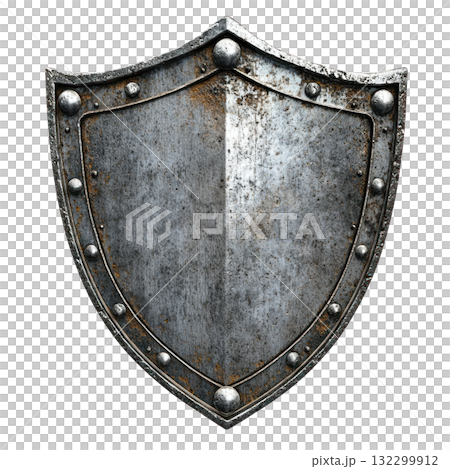 Metal shield with rivets and a rustic finish isolated on white background 132299912