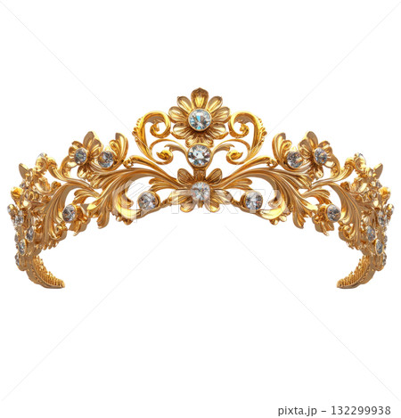 Elegant golden crown adorned with intricate floral designs and sparkling gemstones for special occasions 132299938