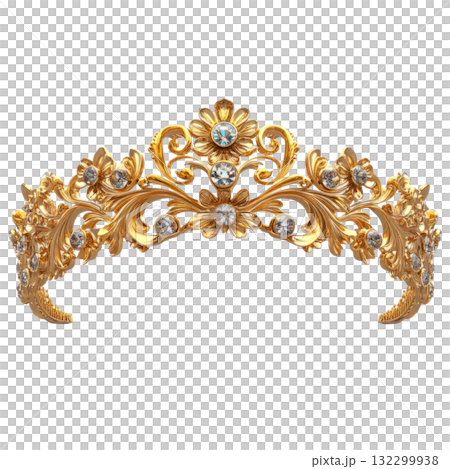 Elegant golden crown adorned with intricate floral designs and sparkling gemstones for special occasions 132299938