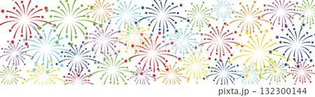 Rainbow color festive fireworks background with bright star shapes on white. Celebration illustration banner for holidays, New Year, birthday, party, carnival, or festival decoration in rainbow colors 132300144