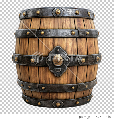 Wooden barrel with metal bands, designed for storage or decoration in home or rustic settings 132300210