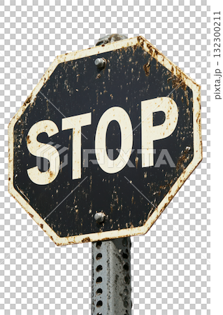 Weathered stop sign mounted on a pole in an urban setting during the day 132300211
