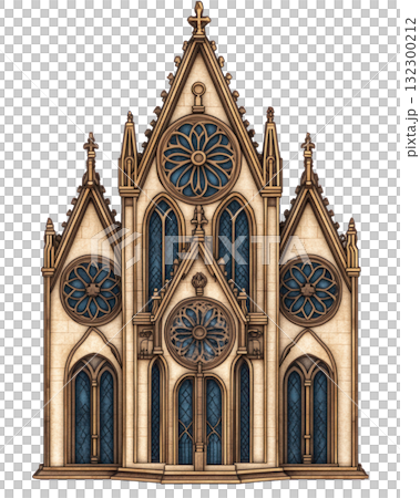 Intricate gothic style church facade with detailed architecture and ornate windows 132300212
