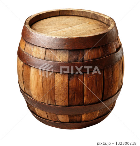 Wooden barrel crafted from dark stained timber with a smooth lid and detailed craftsmanship Wooden barrel crafted from dark stained timber with a smooth lid and detailed craftsmanship 132300219