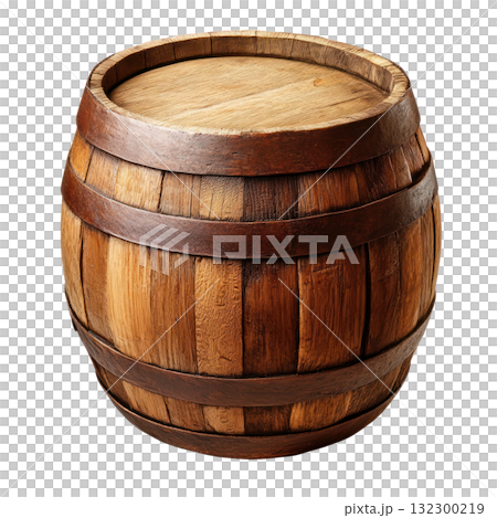 Wooden barrel crafted from dark stained timber with a smooth lid and detailed craftsmanship Wooden barrel crafted from dark stained timber with a smooth lid and detailed craftsmanship 132300219