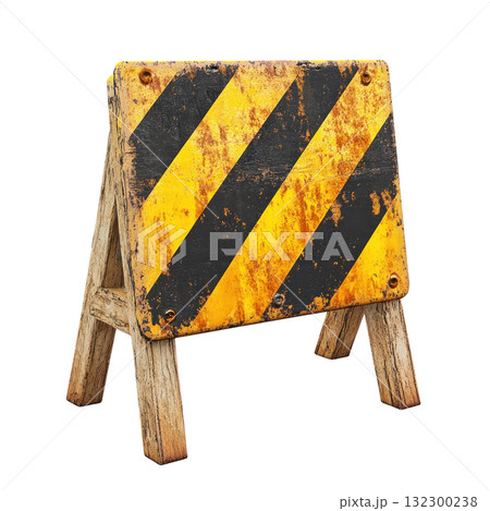 Caution sign with black and yellow stripes placed on the ground indicating a construction area 132300238