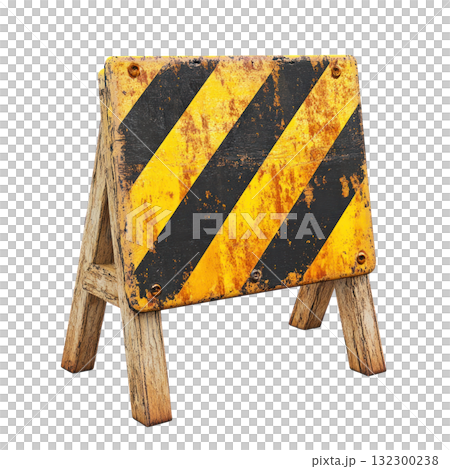 Caution sign with black and yellow stripes placed on the ground indicating a construction area 132300238