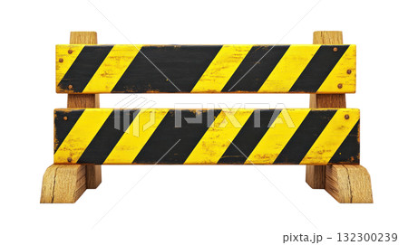 Construction barrier with yellow and black stripes placed in an isolated area during daytime 132300239