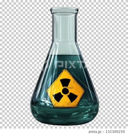 Isolated glass flask containing green liquid with radioactivity warning symbol Isolated glass flask containing green liquid with radioactivity warning symbol 132300250