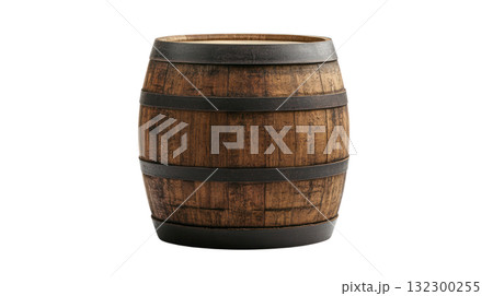 Wooden barrel with metal bands isolated on a white background for decorative or storage purposes 132300255