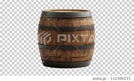 Wooden barrel with metal bands isolated on a white background for decorative or storage purposes 132300255