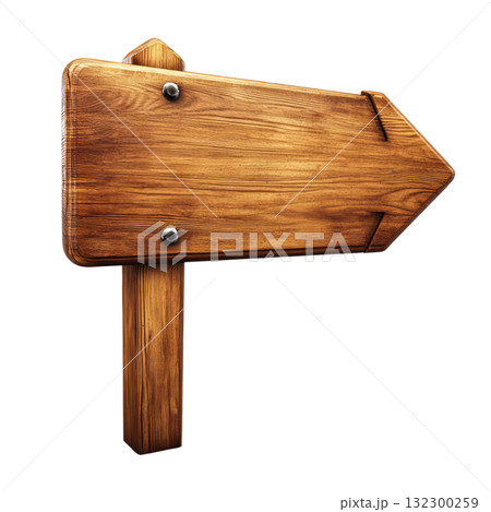 Wooden directional sign pointing right with a rustic appearance for outdoor settings 132300259