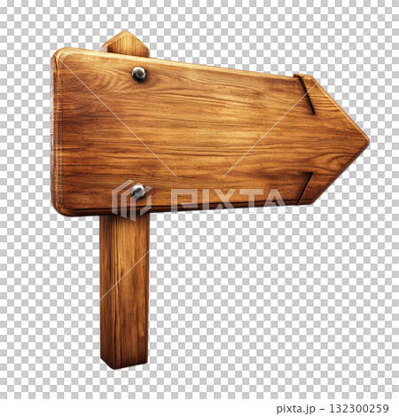 Wooden directional sign pointing right with a rustic appearance for outdoor settings 132300259
