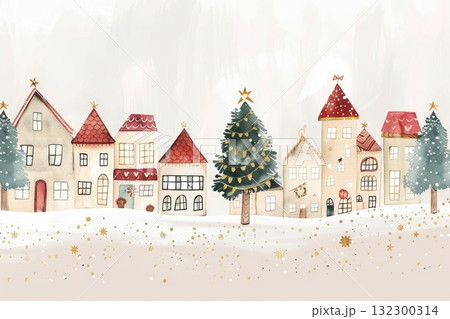 Colorful winter village illustration with decorated houses and Christmas trees in a snowy landscape Colorful winter village illustration with decorated houses and Christmas trees in a snowy landscape 132300314