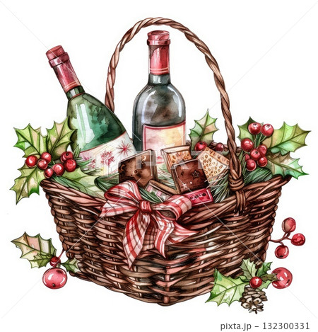 Festive wicker basket filled with wine bottles, gourmet snacks, and holiday decorations Festive wicker basket filled with wine bottles, gourmet snacks, and holiday decorations 132300331