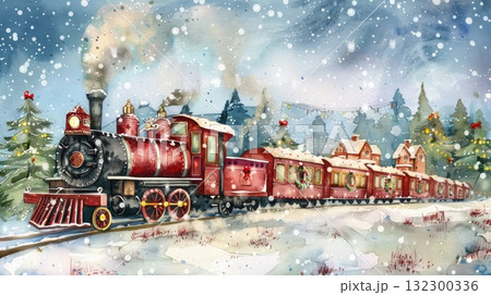 Vintage steam train traveling through snowy landscape with festive decorations and pine trees Vintage steam train traveling through snowy landscape with festive decorations and pine trees 132300336