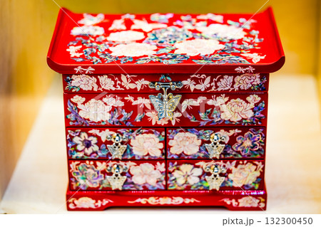 Traditional Korean wooden Jewerly box with a pattern. Colorful traditional case 132300450
