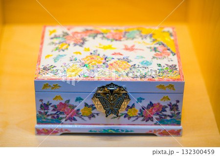 Traditional Korean wooden Jewerly box with a pattern. Colorful traditional case 132300459