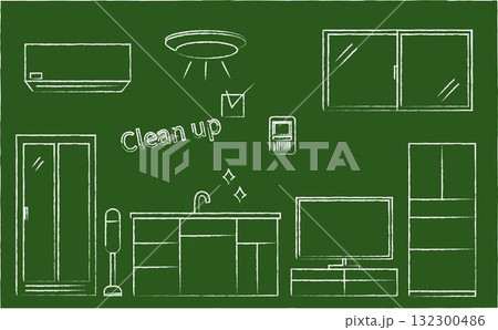 黒板に描かれたシンプルなインテリアのイラストセット 黒板に描かれたシンプルなインテリアのイラストセット 132300486