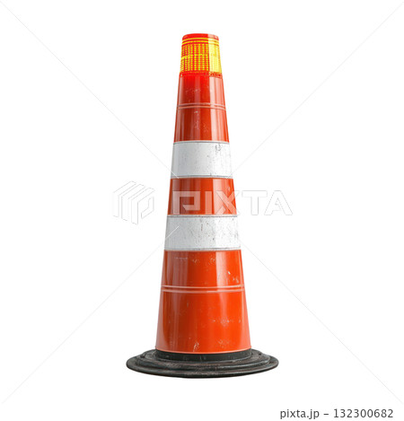 Traffic cone with reflective stripes and flashing light isolated on white background for safety awareness visuals 132300682