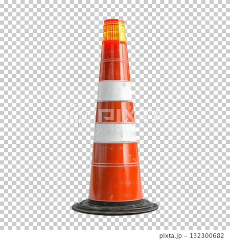 Traffic cone with reflective stripes and flashing light isolated on white background for safety awareness visuals 132300682