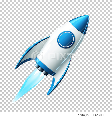 Rocket soaring into the sky with bright blue flames and sleek design in a clear background 132300689