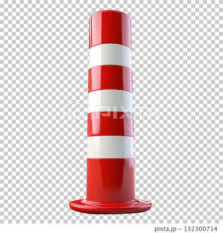 Vertical red and white striped traffic cone isolated on a plain background for safety and guidance in urban settings Vertical red and white striped traffic cone isolated on a plain background for safety and guidance in urban settings 132300714