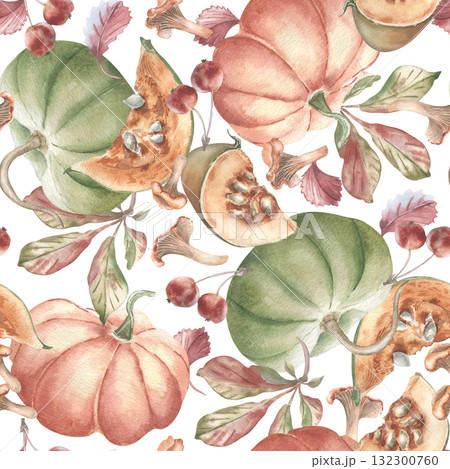 Whimsical Autumn Harvest Pattern isolated. Levitated pumpkins, crab apples and autumn leaves warm vintage tones watercolor seamless pattern hand painted. Fall botanical repeat for home textiles. Whimsical Autumn Harvest Pattern isolated. Levitated pumpkins, crab apples and autumn leaves warm vintage tones watercolor seamless pattern hand painted. Fall botanical repeat for home textiles. 132300760