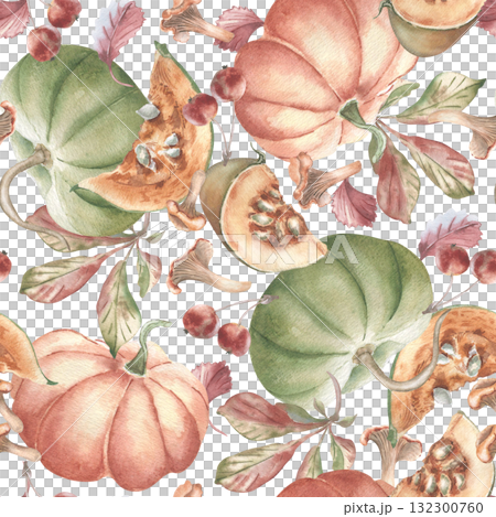 Whimsical Autumn Harvest Pattern isolated. Levitated pumpkins, crab apples and autumn leaves warm vintage tones watercolor seamless pattern hand painted. Fall botanical repeat for home textiles. Whimsical Autumn Harvest Pattern isolated. Levitated pumpkins, crab apples and autumn leaves warm vintage tones watercolor seamless pattern hand painted. Fall botanical repeat for home textiles. 132300760