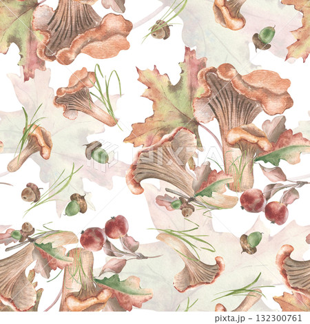 Woodland watercolor seamless pattern with chanterelles and forest gifts isolated. Hand drawn vintage autumn repeat for Thanksgiving tableware, fall designs. Wild harvest pastel botanical print. Woodland watercolor seamless pattern with chanterelles and forest gifts isolated. Hand drawn vintage autumn repeat for Thanksgiving tableware, fall designs. Wild harvest pastel botanical print. 132300761