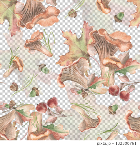 Woodland watercolor seamless pattern with chanterelles and forest gifts isolated. Hand drawn vintage autumn repeat for Thanksgiving tableware, fall designs. Wild harvest pastel botanical print. Woodland watercolor seamless pattern with chanterelles and forest gifts isolated. Hand drawn vintage autumn repeat for Thanksgiving tableware, fall designs. Wild harvest pastel botanical print. 132300761