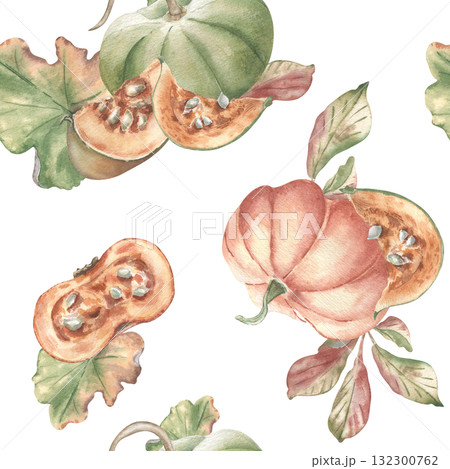 Fresh green and orange pumpkins, autumn leaves hand drawn watercolor seamless pattern isolated. Rustic harvest design in neutral tones for packaging. Thanksgiving print and seasonal home textiles. 132300762