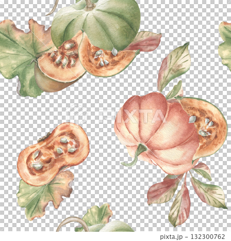Fresh green and orange pumpkins, autumn leaves hand drawn watercolor seamless pattern isolated. Rustic harvest design in neutral tones for packaging. Thanksgiving print and seasonal home textiles. 132300762