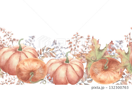 Soft orange pumpkins, maple leaves and wildflowers watercolor seamless border isolated white. Delicate autumn botanical edge repeated design for wedding menus, invitation and festive packaging. Soft orange pumpkins, maple leaves and wildflowers watercolor seamless border isolated white. Delicate autumn botanical edge repeated design for wedding menus, invitation and festive packaging. 132300763