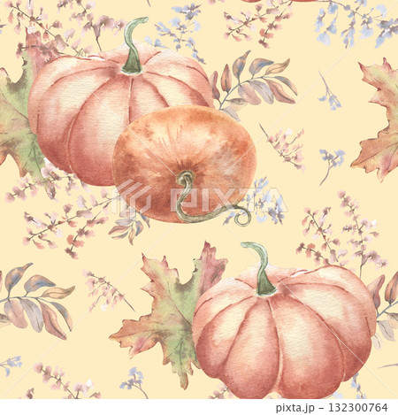 Soft pastel autumn seamless pattern of pumpkins, maple leaves and delicate wildflowers. Hand painted watercolor endless design for seasonal decor, fabric prints and festive tableware. Gentle pumpkins. Soft pastel autumn seamless pattern of pumpkins, maple leaves and delicate wildflowers. Hand painted watercolor endless design for seasonal decor, fabric prints and festive tableware. Gentle pumpkins. 132300764