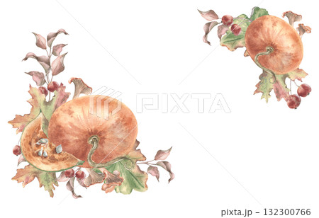 Watercolor autumn pastel frame isolated on white. Corner border with fresh ripe pumpkins and forest harvest hand drawn. Neutral botanical design perfect for fall invitations and greeting cards. Watercolor autumn pastel frame isolated on white. Corner border with fresh ripe pumpkins and forest harvest hand drawn. Neutral botanical design perfect for fall invitations and greeting cards. 132300766