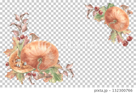 Watercolor autumn pastel frame isolated on white. Corner border with fresh ripe pumpkins and forest harvest hand drawn. Neutral botanical design perfect for fall invitations and greeting cards. Watercolor autumn pastel frame isolated on white. Corner border with fresh ripe pumpkins and forest harvest hand drawn. Neutral botanical design perfect for fall invitations and greeting cards. 132300766