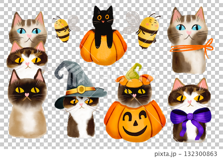 Festive, vibrant set of pets. Hand-drawn watercolor illustrations of cute cats. Sweet collection of animal faces of different breeds. 132300863