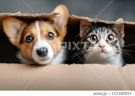 A small dog and a kitten look curiously out of a cardboard box showcasing their playful expressions 132300957