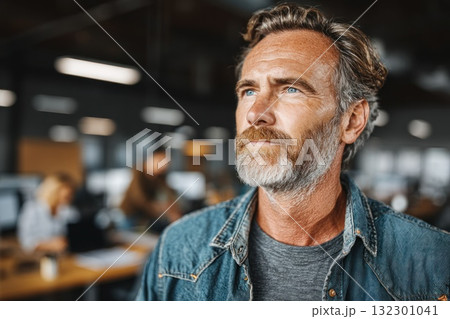 Man with gray beard contemplates ideas in a vibrant workspace filled with colleagues 132301041