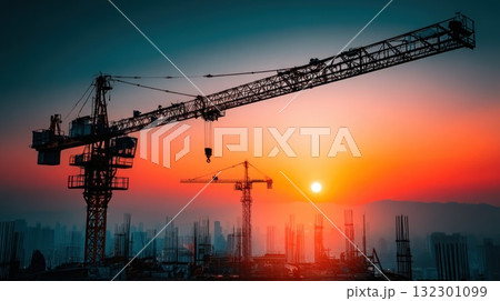 Cranes tower over a construction site as the sun sets casting warm hues over the city landscape Cranes tower over a construction site as the sun sets casting warm hues over the city landscape 132301099