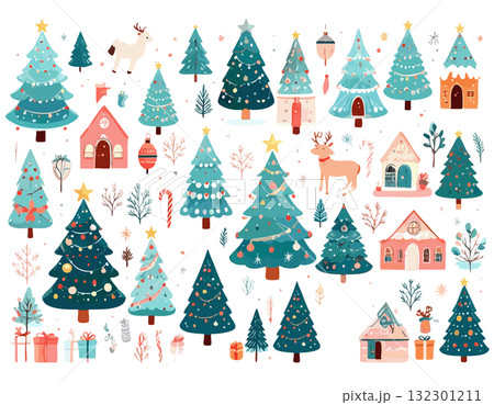 クリスマスのオーナメントのあるクリスマスツリーのイラストセット 132301211