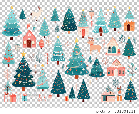 クリスマスのオーナメントのあるクリスマスツリーのイラストセット 132301211