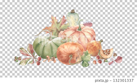 Autumn watercolor pumpkins label art. Variety pumpkins and woodland autumn plants hand drawn isolated. Fall harvest drawing for farm to table labels. Botanical sketch for Thanksgiving greeting cards. 132301337