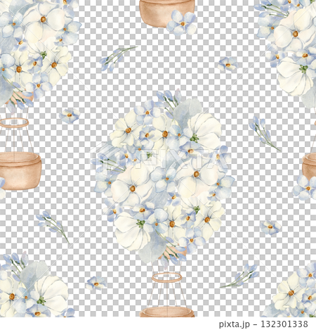 Floral Air Balloons Blue Watercolor Seamless Pattern isolated. Hand drawn air ships with delicate flowers in soft blue tones. Gentle repeating design for nursery wallpaper and digital paper. 132301338