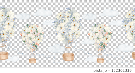 Blue floral balloons with baskets on seamless border isolated. Hand painted aerostat with neutral flowers, clouds and satin ribbon. Watercolor repeat for birthday decorations. Endless sky kids motif. 132301339