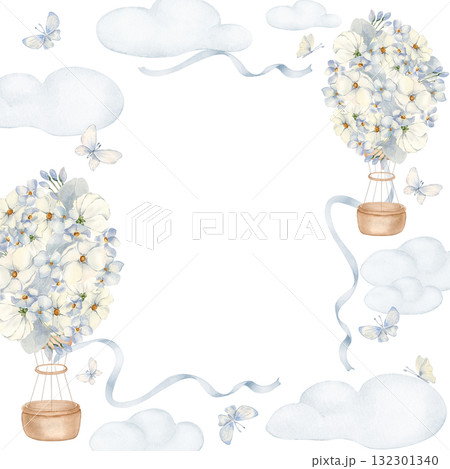 Balloon with basket watercolor blue frame isolated background. Hand painted aerostat and pale flowers. Clouds, butterflies and satin ribbon for neutral baby shower. Drawing for kids birthday cards. 132301340