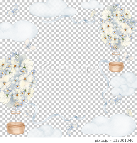 Balloon with basket watercolor blue frame isolated background. Hand painted aerostat and pale flowers. Clouds, butterflies and satin ribbon for neutral baby shower. Drawing for kids birthday cards. 132301340